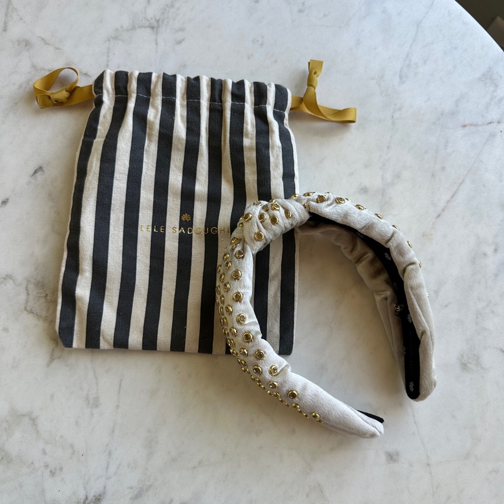 Rare Lele Sadoughi Ivory Flat Gold Plated Crystals Velvet Embellished Headband